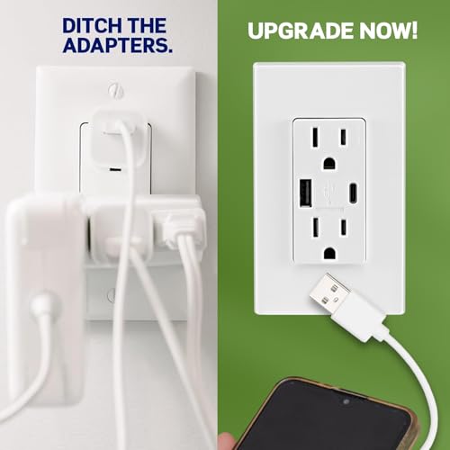 Image of Leviton Type A & Type-C USB In-Wall Charger with 15A Tamper-Resistant Outlet, USB Charger for Smartphones and Tablets, Not for Laptops, T5633-W, White