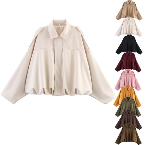 Women's Suede Bomber Jacket, Womens Lightweight Jackets Casual Oversized Batwing Sleeve Pleated Elastic Hem Coats Streetwear