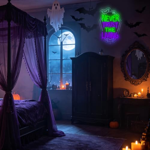 Image of Never Trust The Living Coffin Neon Sign Halloween Tombstone Neon Light LED Spooky Gothic Wall Decor USB Powered, for Home Theater Halloween Party Spooky Theme Movie Lounge Stage Bar(15.7 * 9.8 In)