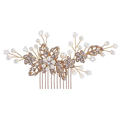 Crown Guide Bridal Hair Comb Clip Pin Rhinestone Pearl Wedding Hair Accessories For Women Brides Bridesmaid Hairpiece Gold #TOP1