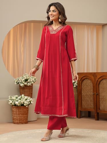 Image of Libas Embellished Silk Blend A Line Kurta With Trouser and Dupatta | ethnic wear | bridal suit | wedding dress | occasion wear