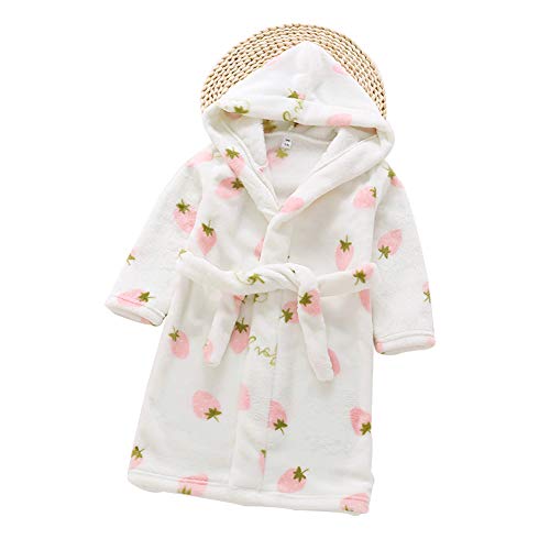 JZLPIN Kleinkinder Kinder Mit Kapuze Bademantel Kinder Pyjama Nachtwäsche Flanell Morgenmantel Dressing Gown Weiß Erdbeere 90CM Cover