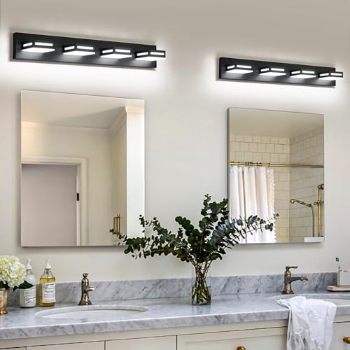 Image of LED Modern Bathroom Light Fixtures, 4-Light 30-Inch Matte Black Vanity Lights for Bathroom Lighting Fixtures Over Mirror, 6000K Cool White 350 Rotatable Wall Lamp