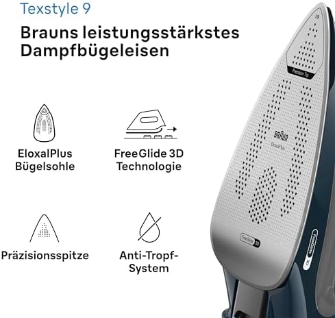 Bild 2 - Braun TexStyle 9 SI9682 DB Dampfbügeleisen mit FreeGlide 3D Technologie, Vertikaldampf, Anti-Tropf-Funktion, Selbstreinigungsfunktion, 330 ml Einfüllöffnung, 260 g/min, 3200W, Dunkelblau