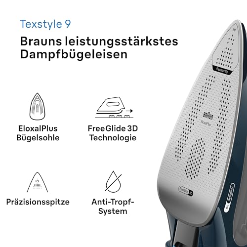 Braun TexStyle 9 SI9682 DB parno glačalo s FreeGlide 3D tehnologijom, vertikalna para, funkcija protiv kapanja, funkcija samočišćenja, otvor za punjenje 330 ml, 260 g/min, 3200 W, tamno plava