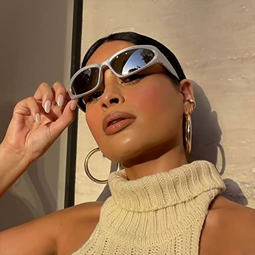 YUELUQU Y2K Wrap Around Sunglasses Men's Women's Futuristic Outdoor Sports Sunshade UV400 Glasses (Silver Frame/Grey Lens) - Image 3