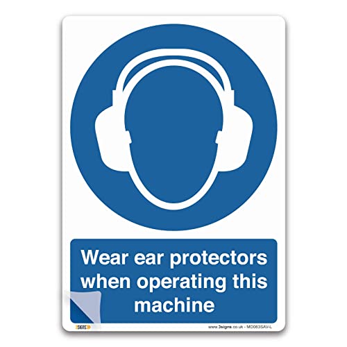 Image of Pack of 2 Wear Ear Protectors When Operating This Machine Sign, A5 210x148mm, LAMINATED Self-adhesive Vinyl Sticker, PPE Mandatory Health and Safety Signs