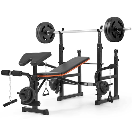 7 In 1 Weight Bench Set with Squat Rack and Preacher Curl Workout Bench with Leg Extension and Leg Curl Adjustable Weight Bench with Barbell Rack Safety Bar Catches 600LBs Weight Capacity for Home Gym