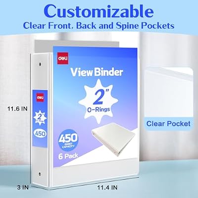 Deli 2-inch 3 Ring Binder with 2 Interior Pockets, 450 Sheets Capacity, 2 inch Binders fits 11 x 8.5 US Letter Size, White, 6 Pack