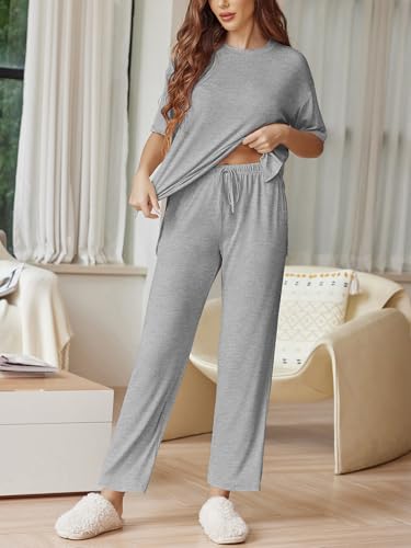 Image of Ekouaer Lounge Sets for Women Short Sleeve Tops and Long Pants Soft Comfy Pajamas Set 2 Piece Outfits