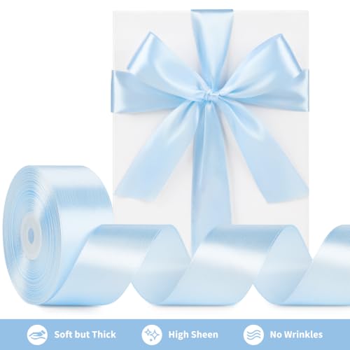 Image of Mauproy 1-1 /2 Inch Wide Light Blue Satin Ribbon, 50 Yards Baby Blue Solid Polyester Fabric Ribbon for Roses Making, Gift Wrapping, Flower Bouquets, Wedding Decorations, Handmade Crafts