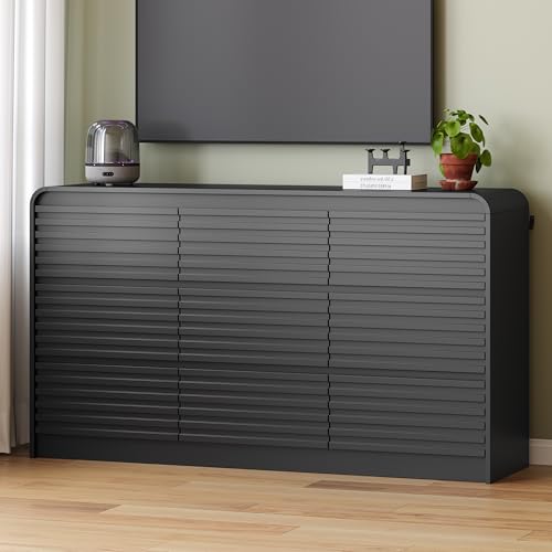 Image of 9 Drawer Dresser for Bedroom,59 inch Wide Fluted Dresser with Curved Edge and Ergonomic Handleless, Large Wooden Clothes Storage Organizer, Modern Chest of Drawers for Closet, Living Room,Black