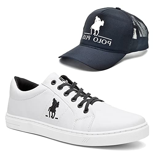 Kit Tênis Casual Polo Plus Sapatênis Masculino Almofadado + Boné Cor:Branco,Tamanho:45