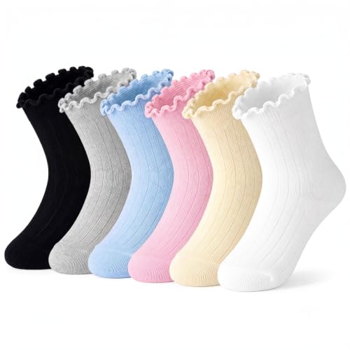 Ruffle Socks for Girls – White Cute Frilly Crew Dress Socks, 6 Pairs