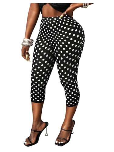 MakeMeChic Womens Summer Polka Dots Capri Pants Elastic High Waisted Knee Length Yoga Leggings Black and White X-Small