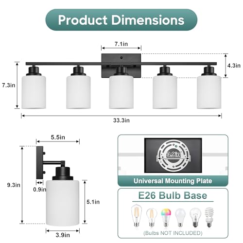 Image of Ascher Bathroom Light Fixtures, 5-Light Vanity Light Over Mirror, Matte Black Wall Sconces with Milky White Frosted Glass Shades, Wall Lamp for Living Room Bedroom, E26 Base(Bulbs Not Included)