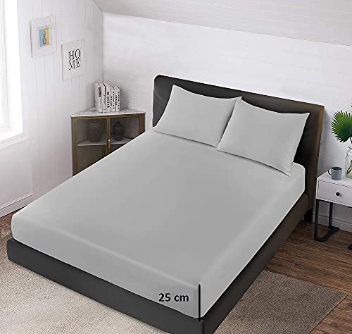 Drap-housse de luxe en polycoton de 25 cm de profondeur - Facile d'entretien - Infroissable - Coins élastiques - Lavable en machine - Respirant - Argenté - Super King size Cover