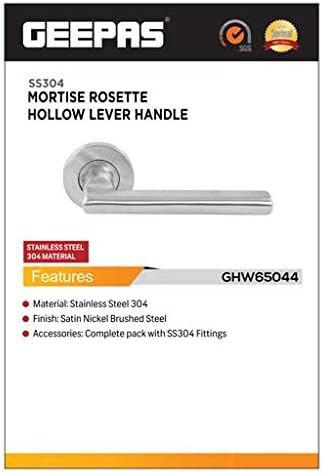 Geepas GHW65044 Mortise Rosette Hollow Lever Handle -Door Handles | Firm Grasp | Rotate Door Lock | Interior | Satin Nickel | 304 Stainless Steel | Premium Quality for All Internal Doors
