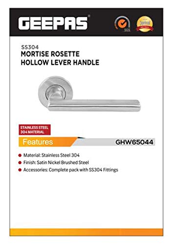 Geepas GHW65044 Mortise Rosette Hollow Lever Handle -Door Handles | Firm Grasp | Rotate Door Lock | Interior | Satin Nickel | 304 Stainless Steel | Premium Quality for All Internal Doors