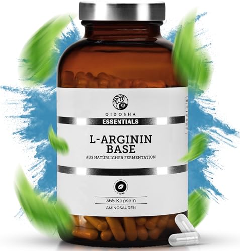 QIDOSHA® Premium L Arginin Base (nicht einfaches HCl), 365 Stk/Glas, 500mg je Kapsel, rein pflanzliche Aminosäure aus Topinambur und Zuckerrohr gewonnen, jede Charge laborgeprüft