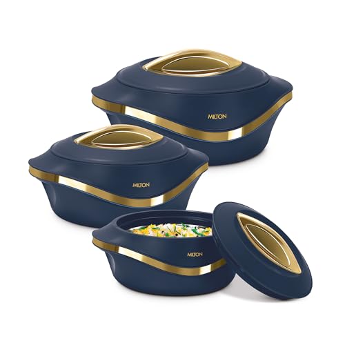 MILTON Pearl Inner Stainless Steel Jr. Set of 3 (860 ml, 1.27 Litre, 1.96 Litre), Blue | BPA Free | Food Grade | Easy to Carry | Easy to Store | Chapati | Roti | Curd Maker