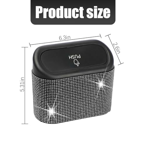 Image of AICEL Bling Car Trash Can with Lid, Crystal Rhinestones Leakproof Auto Garbage Hanging Container Bin, Multipurpose Diamond Dustbin Storage Organizer, Universal Vehicle Accessories (Black)