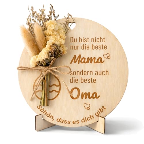 RgitFzi Oma Geschenk mit Trockenblumen runde Holztafel als Dekoaufsteller mit Gravur für Mama und Oma Beste Muttertagsgeschenk oma Geschenke zum Geburtstag Muttertag und Weihnachten