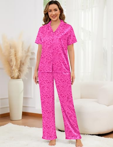 Image of SWOMOG Women Satin Pajamas Set Short Sleeve Top & Pants Sleepwear Silky Button Down Nightwear 2pcs Loungewear Pjs Set
