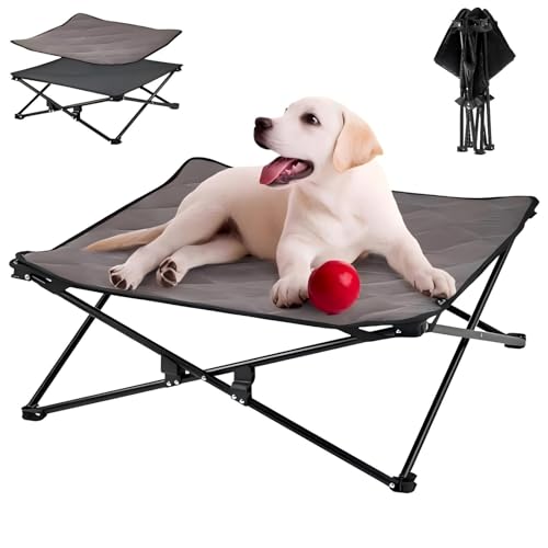 KingCamp Erhöhtes Hundebett Hundeliege Outdoor Haustierbett Haustierliege Atmungsaktivem Mesh & Wildledermatte & Rutschfesten Füßen für Reisen Garten Outdoor Indoor, Schwarz 77 x 77 x 30 cm