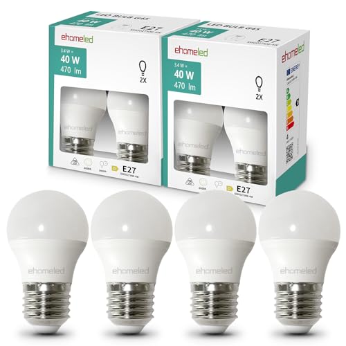 ehomeled E27 LED Mini Kugel Glühbirne Tageslichtweiß (4000K), 470 Lumen 3,4W (=40W), Energiesparende LED-Lampe, Perfekt für Kronleuchter, Nachttischlampen & Schreibtischlampen, 4er-Pack