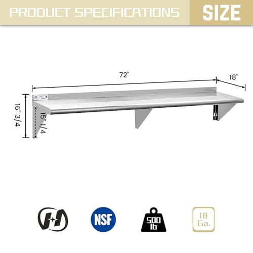 Image of HALLY SINKS & TABLES H Stainless Steel Shelf 18 x 72 Inches, 500 lb, Commercial Wall Mount Floating Shelving for Restaurant, Kitchen, Home and Hotel