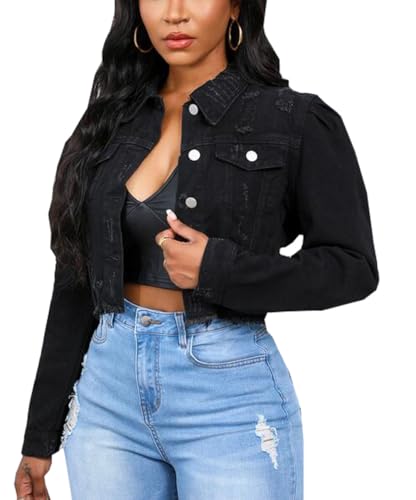 Womens Ripped Puff Sleeve Cropped Denim Jackets Distressed Frayed Hem Button Down Long Sleeve Jean Jackets Top3