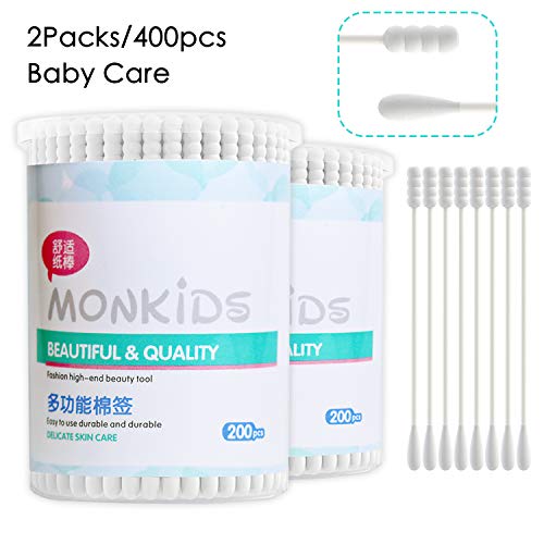 400pcs Organic Cotton Swabs for Infant Baby/kid/Adult, Round&Spiral Head Qtip for Baby Ear Nose Clean, 100% Cotton Double Tipped Paper Sticks Multipurpose Cotton Buds
