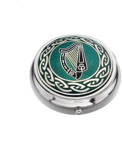 Really NicePILL BOX - Medicine Container - CELTIC LANDS - Irish Harp Design - Enamelled Pewterware - Silver, Green & Black