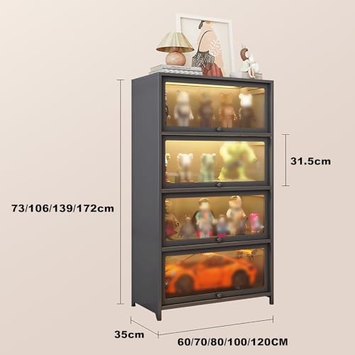 Black Glass Display Cabinet for Collectibles - Floor Standing Curio Shelf with 4 Shelves - Trophy Case for Living Room & Study - Modern Design, 70x35x106.2CM