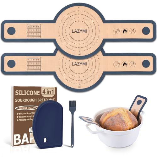 Silikon Backmatte für Dutch Oven 2 Stück, Wiederverwendbare Silikon Backmatte Brot mit Langen Griffen für Brottopf, Teigmatte mit Teigschaber&Backpinsel, Brotmatte für Backofen, Dunkelgrau