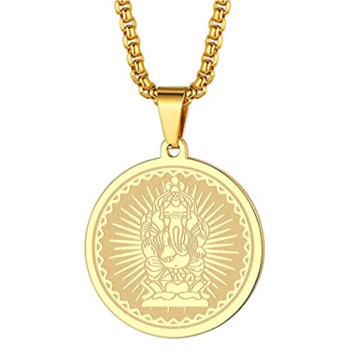 Chengxun Herren 316L Edelstahl Indische Mythologie Hindu Gott Lord Ganesha Halskette für Männer Frauen Schutz Wächter Medaillon Okkulter Schmuck Talisman Amulette Geschenke (18 Karat vergoldet) Cover