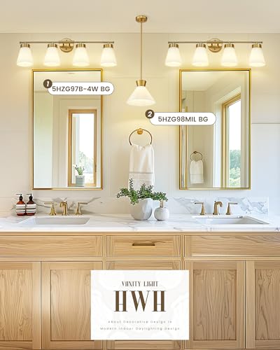 Image of Bathroom Light Fixtures Brushed Gold, HWH 4 Light Vanity Lights Over Mirror, Modern Wall Lamp Bathroom Lighting with Frosted White Striped Glass, 5HZG97B-4W BG