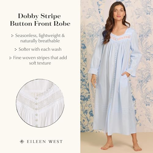 Image of Eileen West Sleepwear & Loungewear for Women - Dobby Stripe Collection - 100% Cotton Longsleeve Full-Length Robe Nightgown
