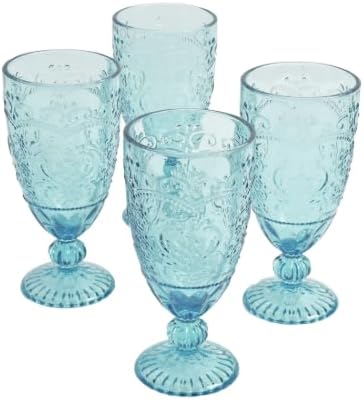 Amelia 4-Piece 14.7 oz Glass Goblet Glassware Set with Embossed Design, Teal