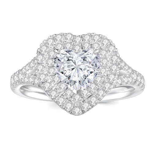 1.6CT Moissanite Heart Shaped Engagement Ring for Women D Color VVS1 Double Halo Wedding Ring S925 Sterling Silver with 18K White Gold Plated Genuine Moissanite Promise Ring for Her Size 5-102
