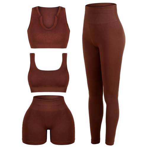 4 Pcs Workout Outfits for Women, Pilates Ribbed Workout Set Sports Crop Tank Yoga Shorts Exercise Leggings Gym Set