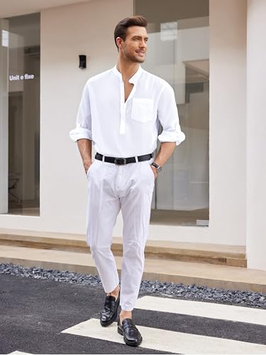 Mens Cotton Linen Henley Button Down Shirts Casual Long Sleeve Summer Beach Shirt Hawaii T-Shirt4