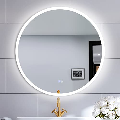 TYhogar Miroir Salle de Bain LED Rond Dia.81 CM, Miroir LED Maquillage Luminosité Réglables, Anti-buée Miroir Murale Mural Imperméable avec Interrupteur Tactile et Fonction de Mémoire Cover