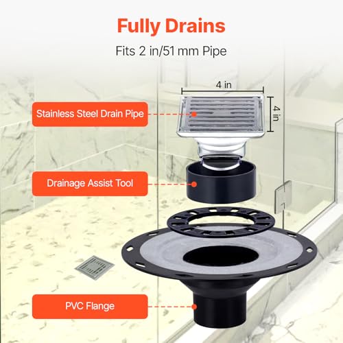 Image of VEVOR Shower Curb Kit, 48 x 48 in Watertight Shower Curb Overlay with 4 in PVC Center Bonding Flange, 4 in Stainless Steel Grate, 2 Cuttable Shower Curbs Trowel and Shower Pan Slope Stick for Bathroom