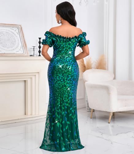 Image of dasmzper Women Sexy Sequin Off Shoulder Ruffle Short Sleeve Bodycon Mermaid Party Formal Evening Maxi Dress