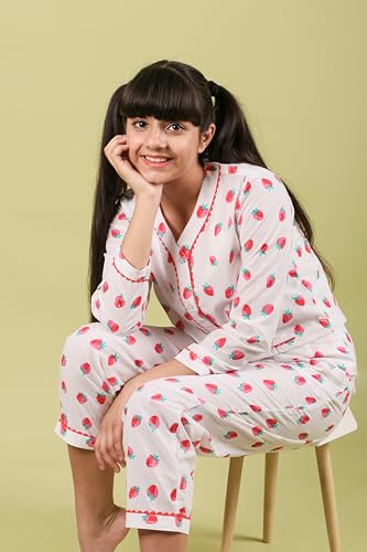 Image of Tweeny Mini Kids Girls Pure Rayon Night Suit | Sleepwear| Night Wear | Nightdress | Top Shirt & Pyjama Combo Set Floral Printed with Pockets Full Sleeves