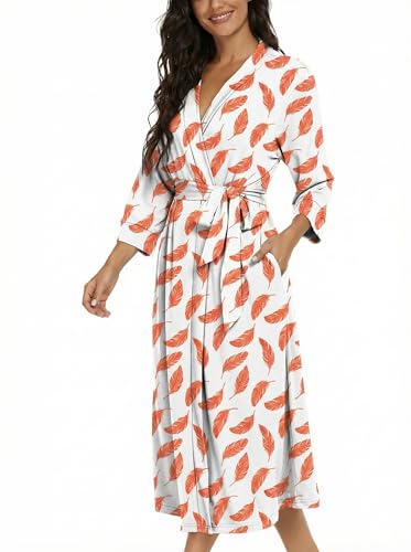 Image of VINTATRE Robes for Women Long Knit Bathrobe XS-4XL | 3 /4 Sleeve Bathrobes with Pockets, Stretchy and Lightweight Fabric, Inner Tie and Fixed Outer Matching Belt, Mid Calf Length