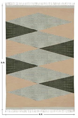 Tapis couloir géométrique coton lavable supprime saleté sol beige vert - 4