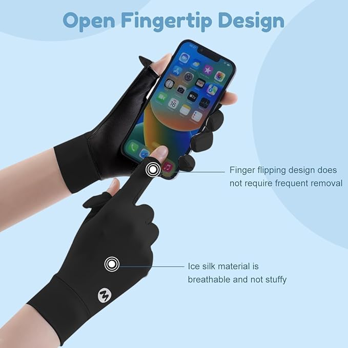 Image of Sun Protection Gloves UPF 50+ UV Protection - Ice Silk Cooling Gloves with Touchscreen Fingertips & Anti-Slip Palm | Unisex for Driving, Cycling, Golf, Riding (Black)